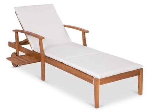 Adjustable Acacia Wood Chaise Lounge Chair w/ Side Table, Wheels - 79x26in, Cream - Lot 88