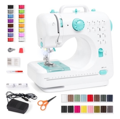 6V Portable Foot Pedal Sewing Machine w/ 12 Stitch Patterns, Teal/White - Lot 90