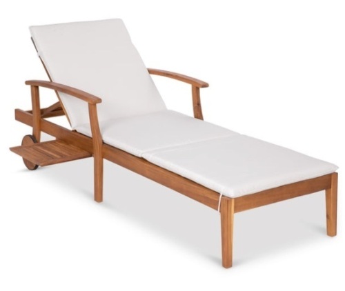 Adjustable Acacia Wood Chaise Lounge Chair w/ Side Table, Wheels - 79x26in, Cream - Lot 91