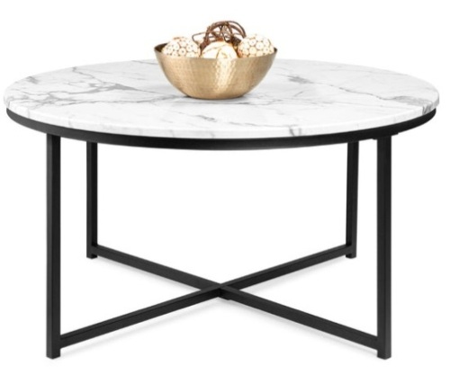 Round Coffee Table w/ Faux Marble Top, Metal Frame - 36in, Black - Lot 92