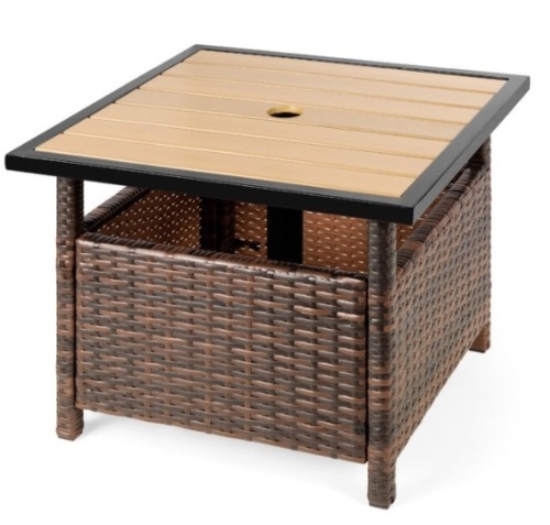 Outdoor Wicker Patio Side Table Accent Furniture w/ Umbrella Hole, Brown - Lot 93