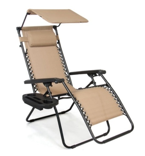 Folding Zero Gravity Recliner Patio Lounge Chair w/ Canopy, Side Tray, Beige - Lot 101