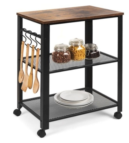 3-Tier Microwave Cart Rolling Utility Serving Cart w/ 2 Shelves, 4 Hooks - Lot 102