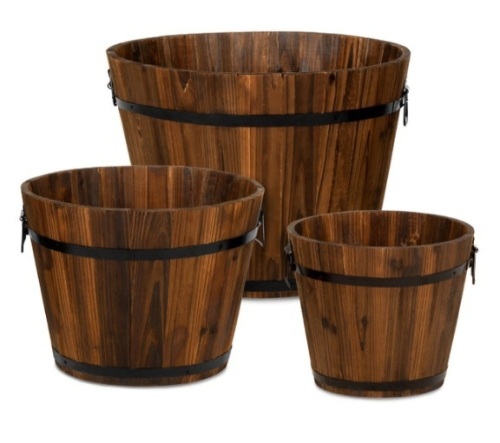 Set of 3 Rustic Wood Bucket Barrel Garden Planters Set w/ Drainage Holes - Lot 103