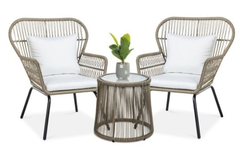 3-Piece Patio Wicker Conversation Bistro Set w/ 2 Chairs, Glass Top Table, Tan - Lot 112