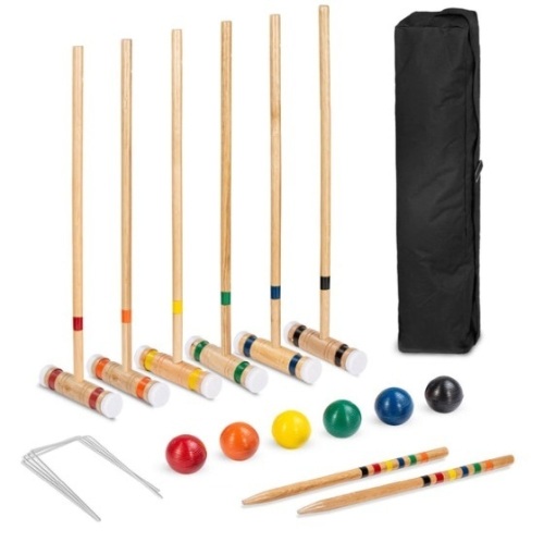 6-Player Wood Croquet Set w/ 6 Mallets, 6 Balls, Wickets, Stakes, Bag - 32in - Lot 129
