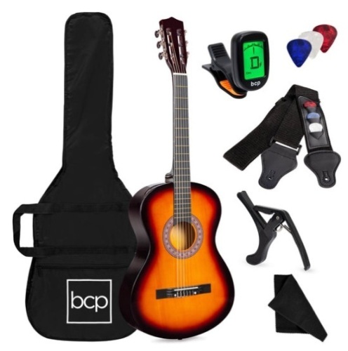 Beginner Acoustic Guitar Set w/ Case, Strap, Digital Tuner, Strings - 38in, Sunburst - Lot 133