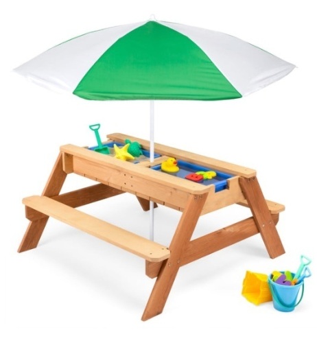 3-in-1 Kids Sand & Water Table Outdoor Wood Picnic Table w/ Umbrella, Green - Lot 137