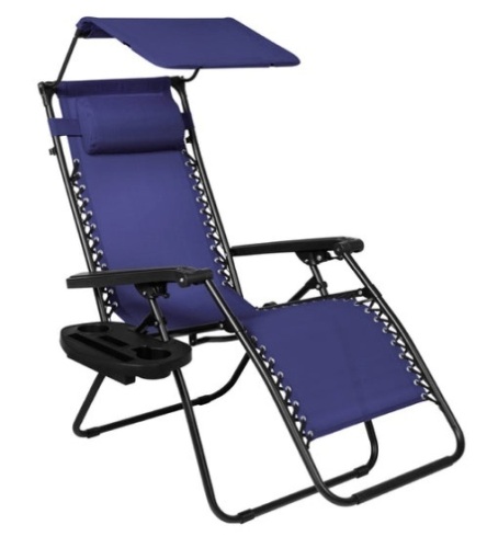Folding Zero Gravity Recliner Patio Lounge Chair w/ Canopy, Side Tray, Navy Blue - Lot 140