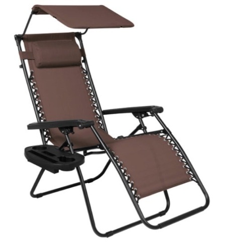 Folding Zero Gravity Recliner Patio Lounge Chair w/ Canopy, Side Tray, Brown - Lot 141