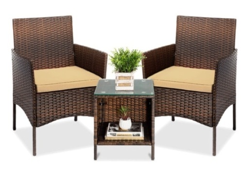 3-Piece Outdoor Patio Wicker Bistro Set w/ Side Storage Table, Brown/Tan - Lot 148