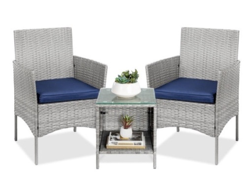 3-Piece Outdoor Patio Wicker Bistro Set w/ Side Storage Table, Gray/Navy - Lot 150