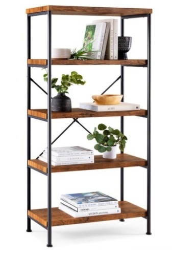 5-Tier Industrial Bookshelf w/ Metal Frame, Wood Shelves, Brown - Lot 151