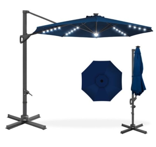 360-Degree Solar LED Cantilever Offset Patio Umbrella w/ Tilt - 10ft, Navy Blue - Lot 152