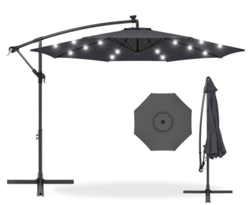 Solar LED Offset Hanging Patio Umbrella w/ Crank Tilt Adjustment - 10ft, Gray - Lot 154
