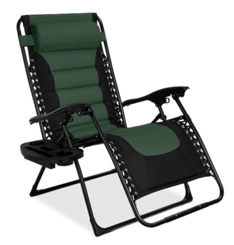 Oversized Padded Zero Gravity Chair, Folding Recliner w/ Headrest, Side Tray, Forest Green - Lot 161