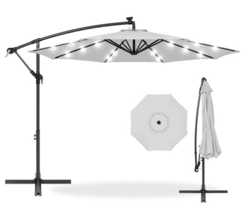 Solar LED Offset Hanging Patio Umbrella w/ Crank Tilt Adjustment - 10ft, Fog Gray - Lot 162