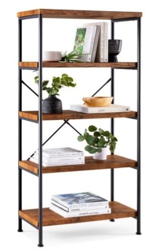 5-Tier Industrial Bookshelf w/ Metal Frame, Wood Shelves, Brown - Lot 164