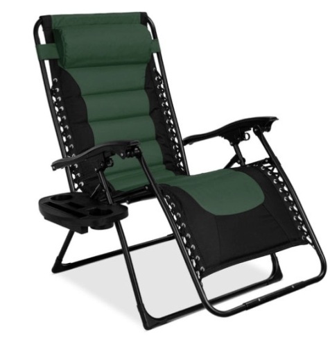 Oversized Padded Zero Gravity Chair, Folding Recliner w/ Headrest, Side Tray, Forest Green - Lot 169