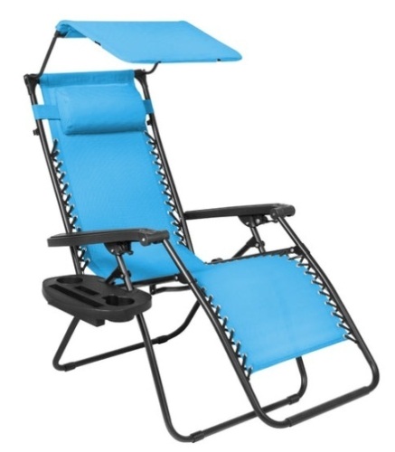 Folding Zero Gravity Recliner Patio Lounge Chair w/ Canopy, Side Tray, Light Blue - Lot 170