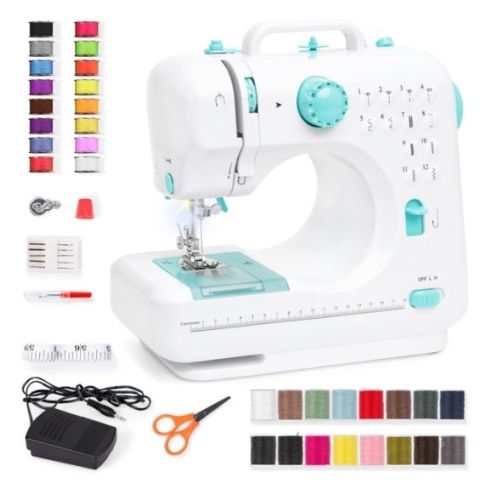 6V Portable Foot Pedal Sewing Machine w/ 12 Stitch Patterns, Teal/White  - Lot 183