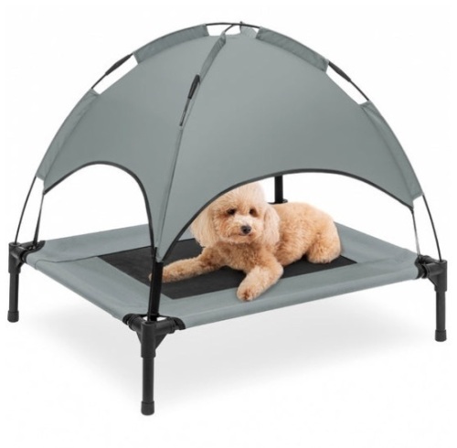 Elevated Cooling Dog Bed, Outdoor Pet Cot w/ Canopy, Carry Bag - 30in, Gray - Lot 185