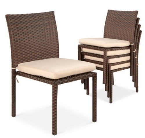 Set of 4 Stackable Outdoor Patio Wicker Chairs w/ Cushions, UV-Resistance, Brown/Cream - Lot 187