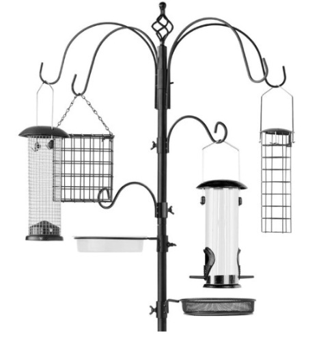 Bird Feeding Station, 6-Hook Steel Multi-Feeder Stand w/ 4 Feeders - 89in, Black - Lot 189