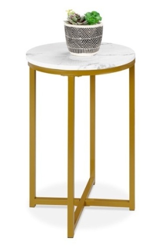 Round Coffee Side Table w/ Faux Marble Top, Metal Frame - 16in, White/Bronze Gold - Lot 192