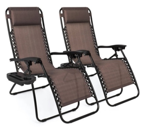 Set of 2 Adjustable Zero Gravity Patio Chair Recliners w/ Cup Holders, Brown - Lot 195