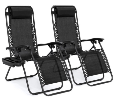 Set of 2 Adjustable Zero Gravity Patio Chair Recliners w/ Cup Holders, Black - Lot 196