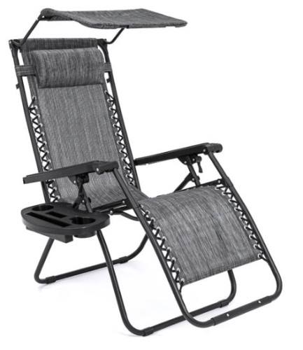 Folding Zero Gravity Recliner Patio Lounge Chair w/ Canopy, Side Tray, Gray - Lot 198