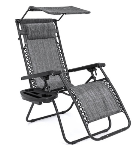 Folding Zero Gravity Recliner Patio Lounge Chair w/ Canopy, Side Tray, Gray - Lot 199