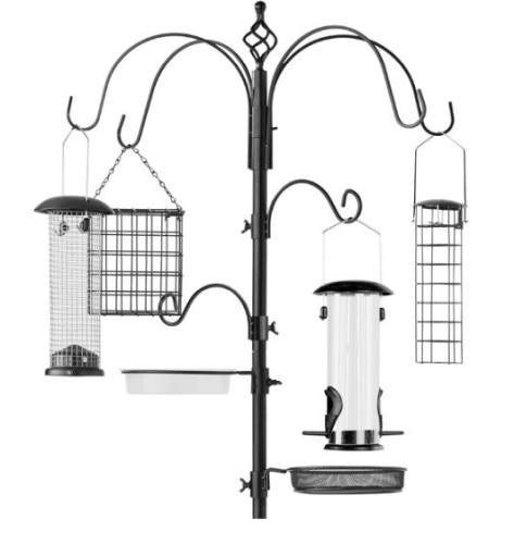 Bird Feeding Station, 6-Hook Steel Multi-Feeder Stand w/ 4 Feeders - 89in, Black - Lot 202