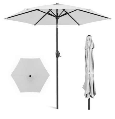 Outdoor Market Patio Umbrella w/ Push Button Tilt, Crank Lift - 7.5ft, Fog Gray - Lot 208