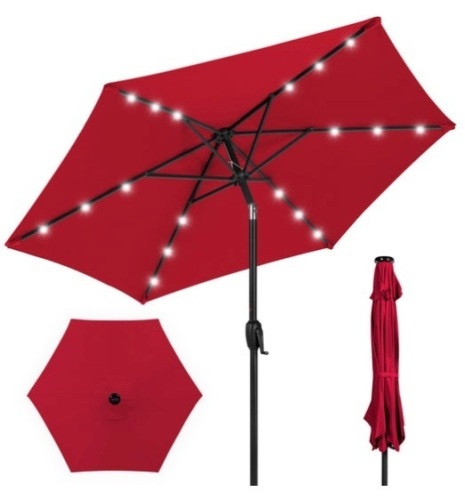 Outdoor Solar Patio Umbrella w/ Push Button Tilt, Crank Lift - 7.5ft, Red - Lot 209