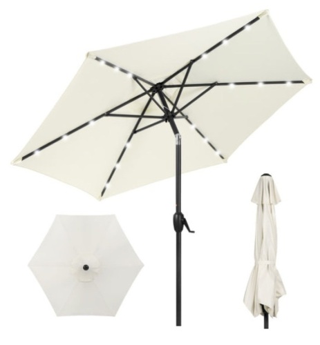 Outdoor Solar Patio Umbrella w/ Push Button Tilt, Crank Lift - 7.5ft, Cream - Lot 214