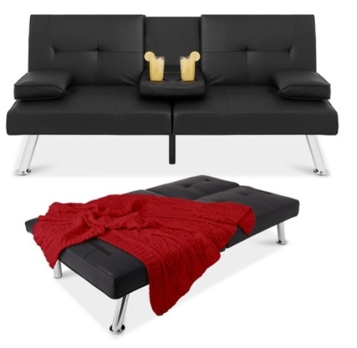 Faux Leather Upholstered Convertible Sofa Bed Futon w/ 2 Cupholders, Black - Lot 219