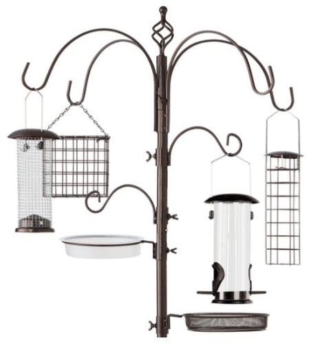 Bird Feeding Station, 6-Hook Steel Multi-Feeder Stand w/ 4 Feeders - 89in, Bronze - Lot 220