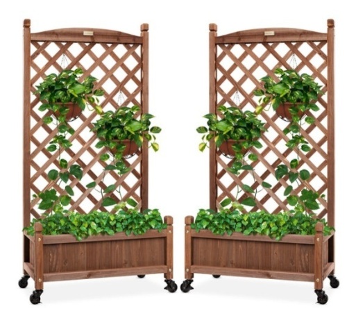Set of 2 Wood Planter Box & Lattice Trellis w/ Optional Wheels - 48in - Lot 228