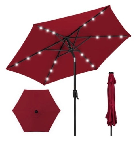 Outdoor Solar Patio Umbrella w/ Push Button Tilt, Crank Lift - 7.5ft, Burgundy - Lot 231