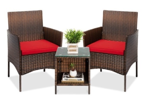 3-Piece Outdoor Patio Wicker Bistro Set w/ Side Storage Table, Brown/Red - Lot 232