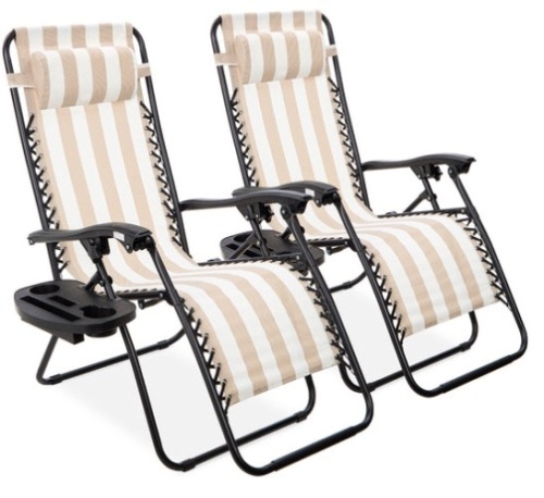 Set of 2 Adjustable Zero Gravity Patio Chair Recliners w/ Cup Holders, Tan Striped - Lot 241