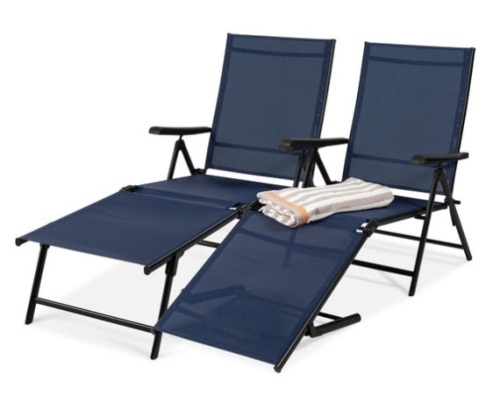 Set of 2 Outdoor Patio Chaise Recliner Lounge Chairs w/ Rust-Resistant Frame, Navy - Lot 247
