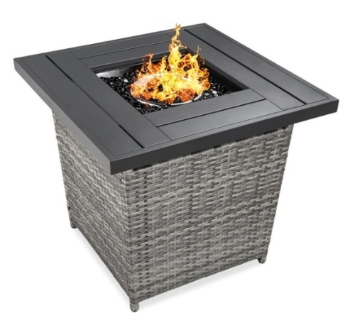 28in Fire Pit Table 50,000 BTU Wicker Propane w/ Faux Wood Tabletop, Cover, Gray - Lot 248