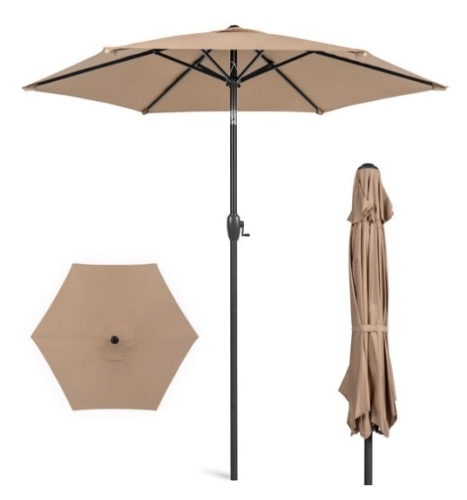 Outdoor Market Patio Umbrella w/ Push Button Tilt, Crank Lift - 7.5ft, Tan - Lot 252
