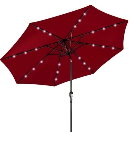 Solar LED Lighted Patio Umbrella w/ Tilt Adjustment, UV-Resistance - 10ft, Red - Lot 254