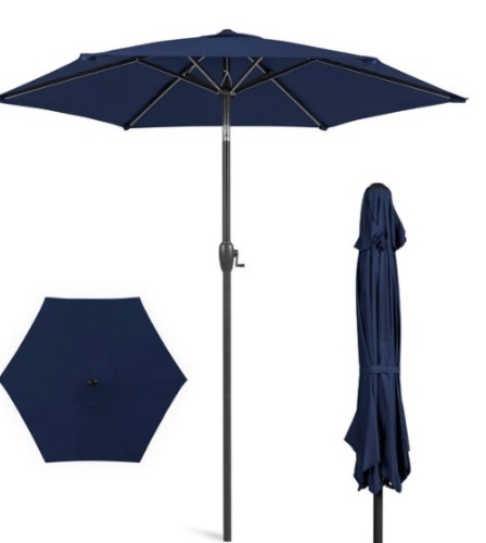 Outdoor Market Patio Umbrella w/ Push Button Tilt, Crank Lift - 7.5ft, Navy Blue - Lot 257