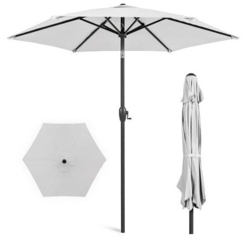 Outdoor Market Patio Umbrella w/ Push Button Tilt, Crank Lift - 7.5ft, Fog Gray - Lot 258