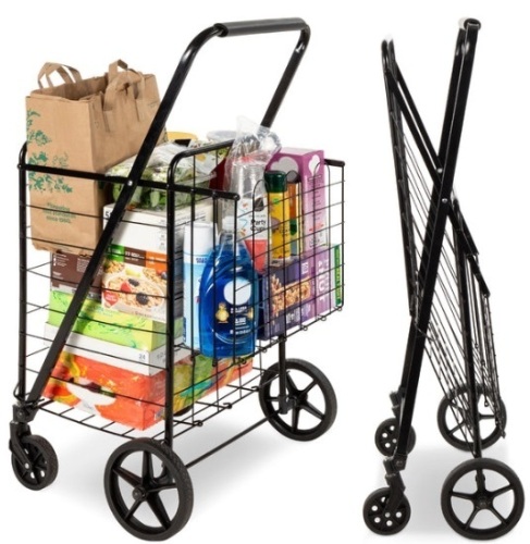 Folding Steel Grocery Cart w/ Double Basket, Swivel Wheels, 220lb Cap - Lot 266